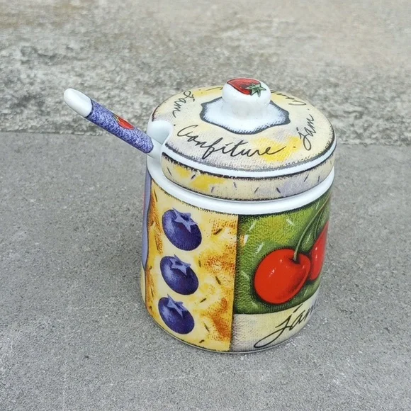 Decorative Ceramic Sugar Bowl & Spoon, Fruit: Strawberry Blueberry Cherry Orange - Picture 4 of 6